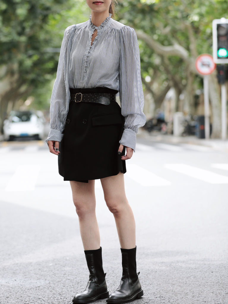 White Fine Stripe Ruffle Neck Button Front Long Sleeve Blouse