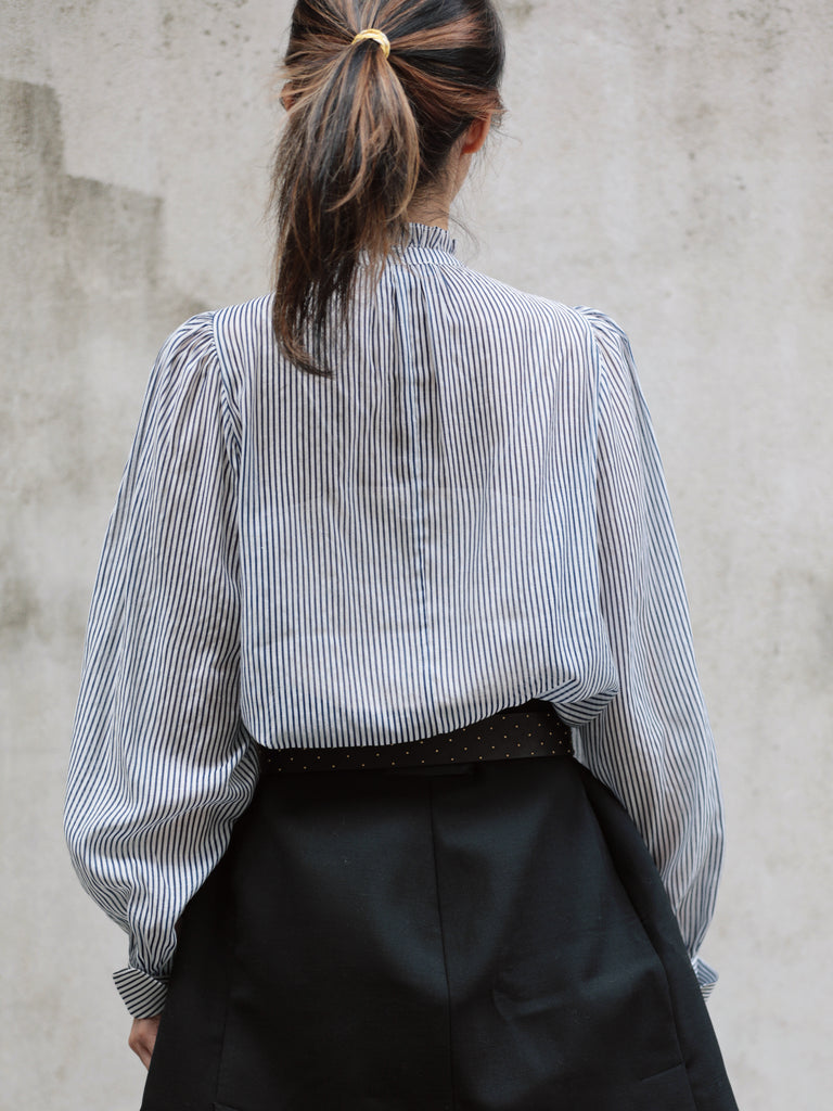 White Fine Stripe Ruffle Neck Button Front Long Sleeve Blouse