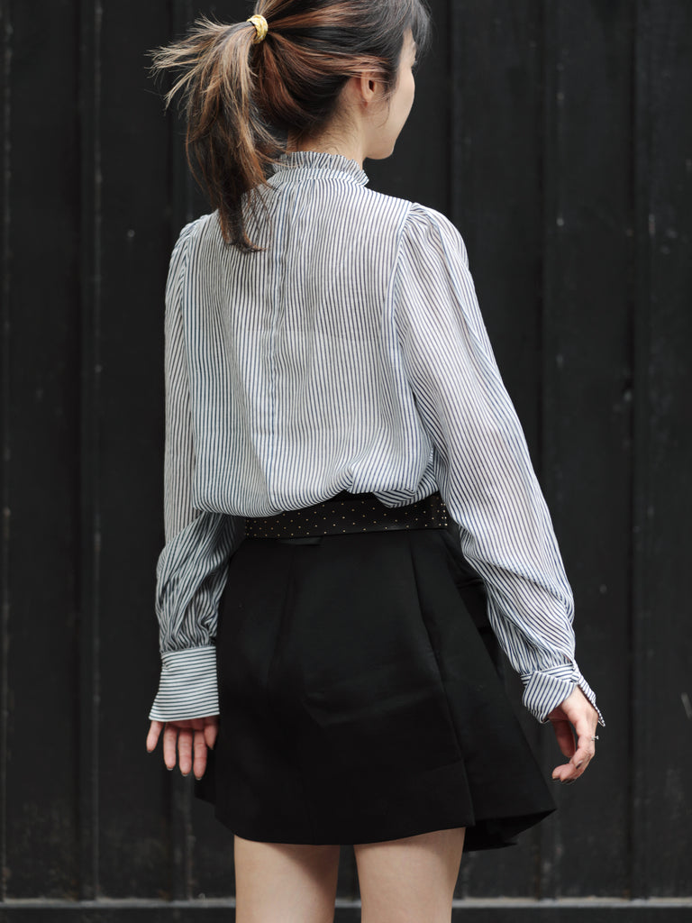 White Fine Stripe Ruffle Neck Button Front Long Sleeve Blouse