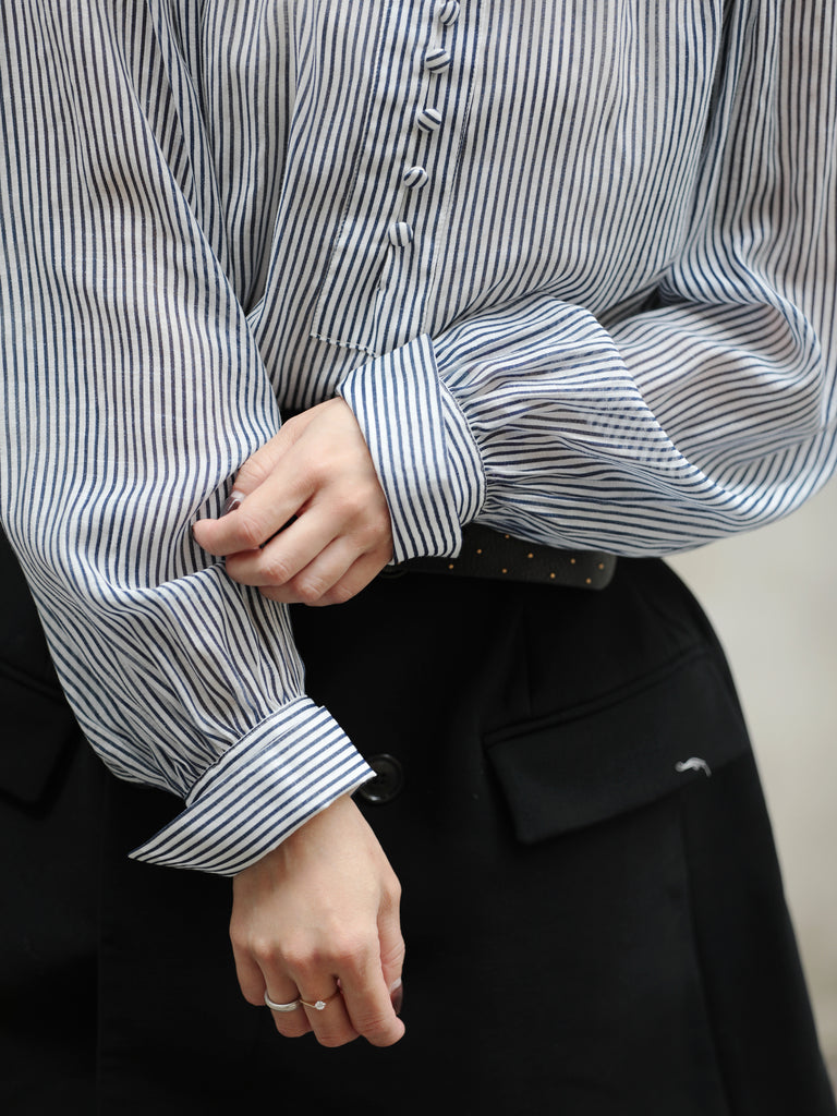 White Fine Stripe Ruffle Neck Button Front Long Sleeve Blouse