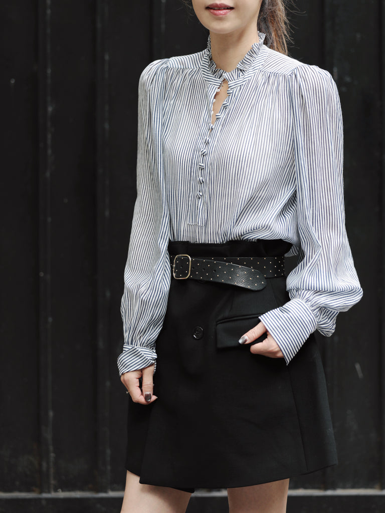White Fine Stripe Ruffle Neck Button Front Long Sleeve Blouse