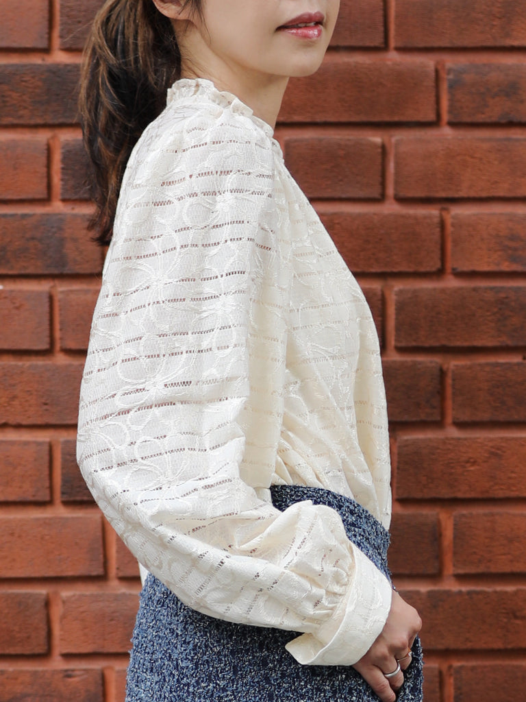 Ivory Sheer Stripe Textured Ruffle Neck Long Sleeve Blouse