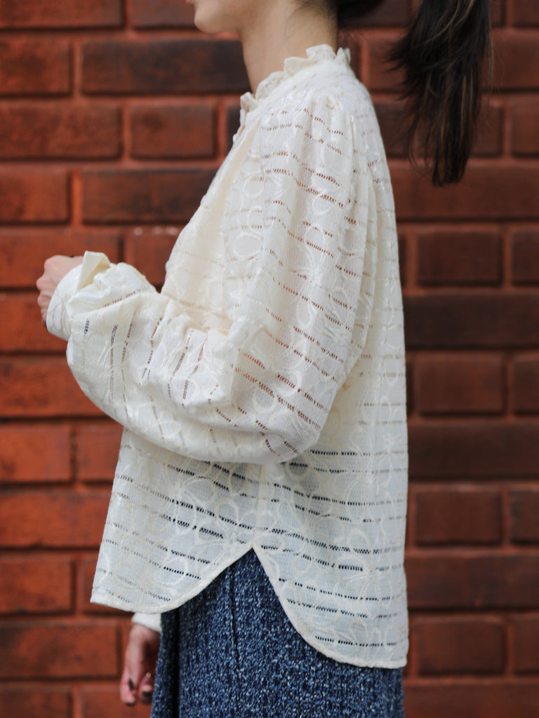 Ivory Sheer Stripe Textured Ruffle Neck Long Sleeve Blouse