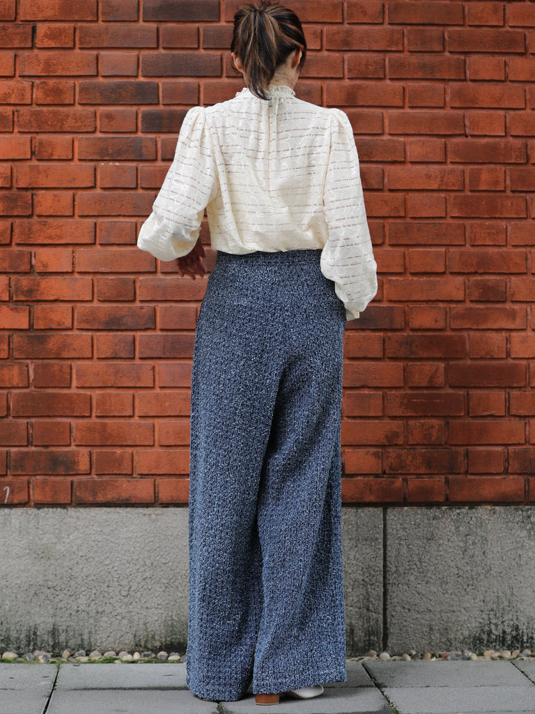 Ivory Sheer Stripe Textured Ruffle Neck Long Sleeve Blouse