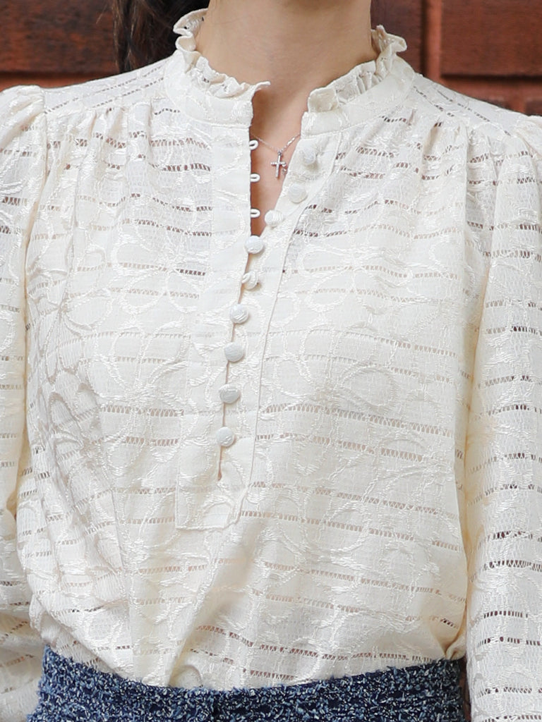 Ivory Sheer Stripe Textured Ruffle Neck Long Sleeve Blouse