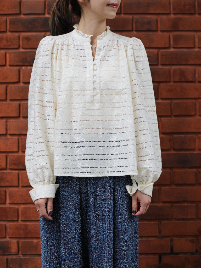 Ivory Sheer Stripe Textured Ruffle Neck Long Sleeve Blouse