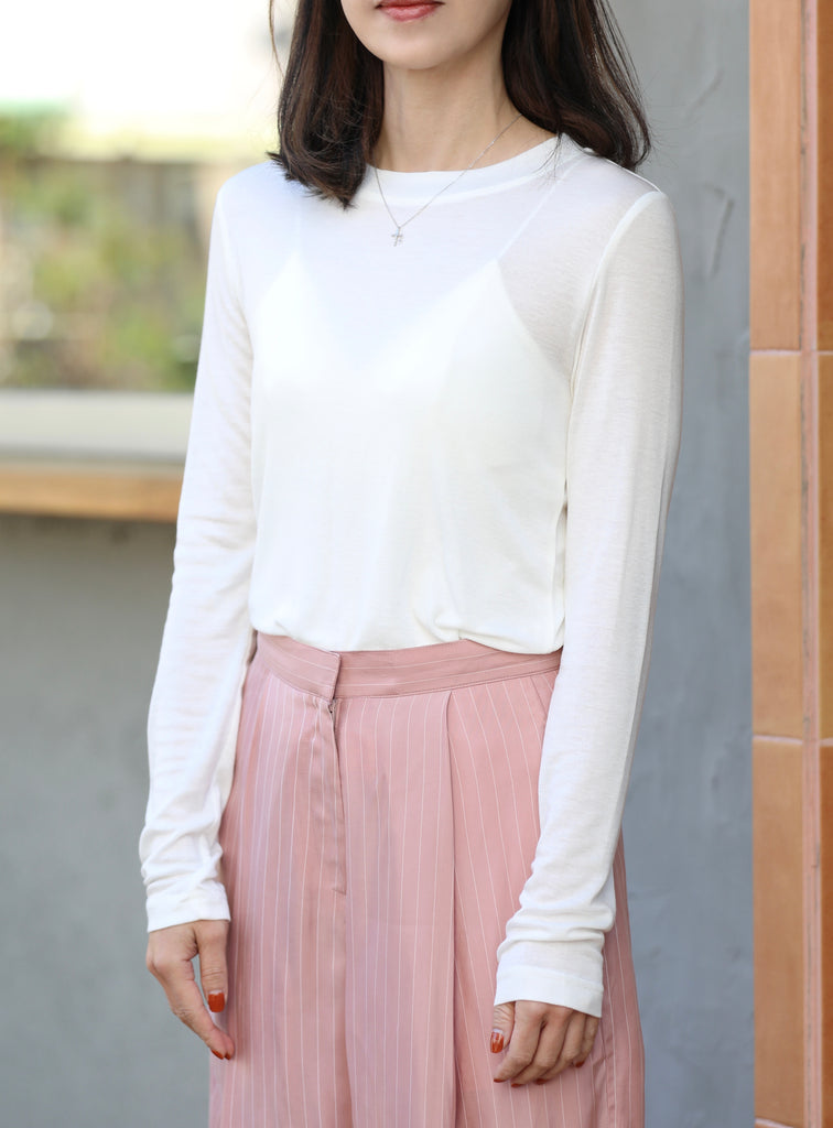 White Soft Touch Long-Sleeve Cotton-Blend Layering Tee