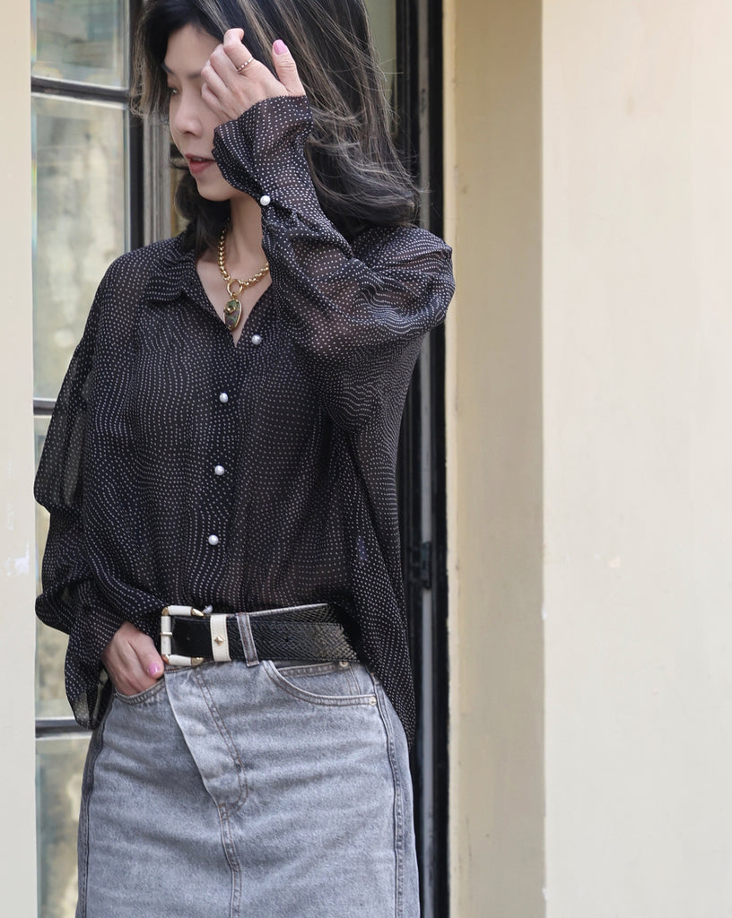 Black/Pink Dots Pleated Collar Flared Cuff Silky Blouse