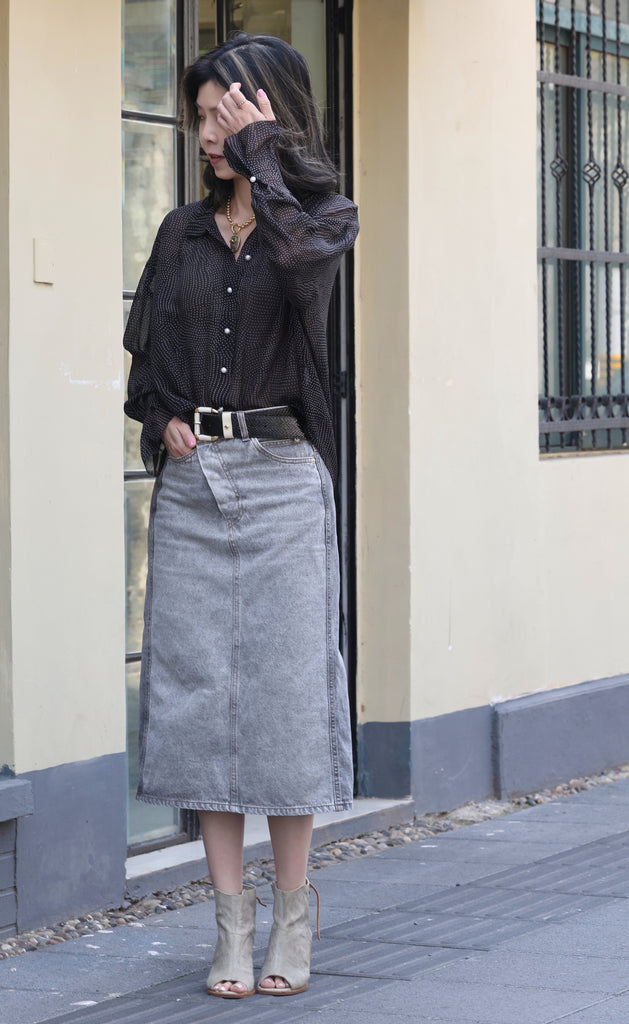 Black/Pink Dots Pleated Collar Flared Cuff Silky Blouse