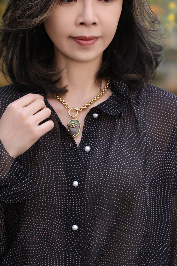 Black/Pink Dots Pleated Collar Flared Cuff Silky Blouse