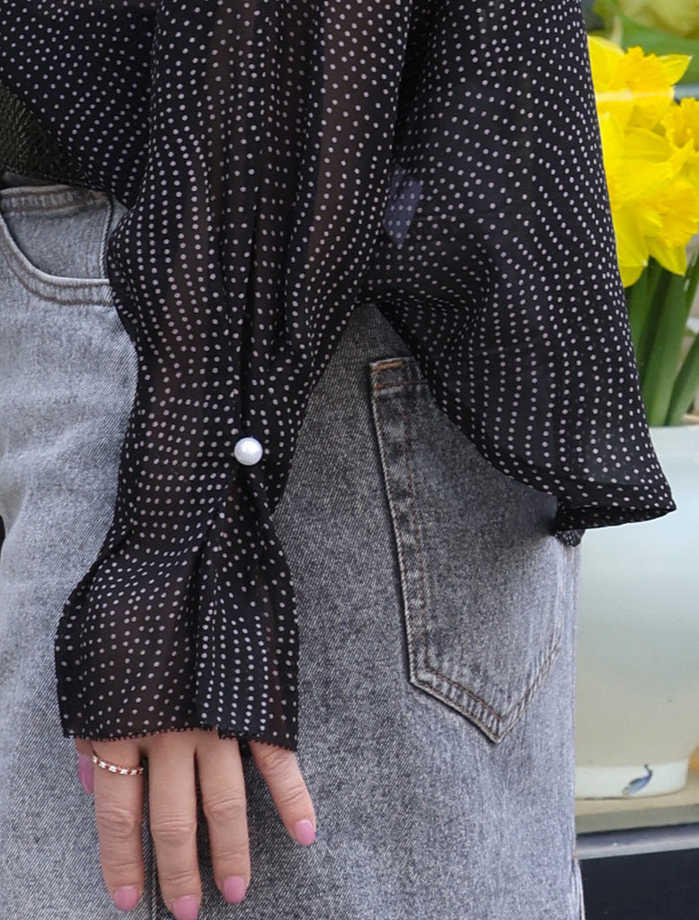 Black/Pink Dots Pleated Collar Flared Cuff Silky Blouse