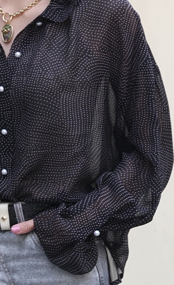 Black/Pink Dots Pleated Collar Flared Cuff Silky Blouse