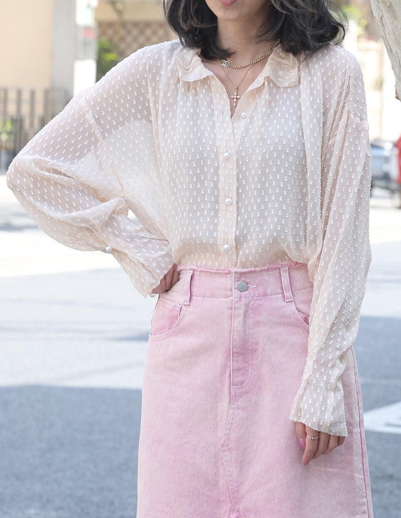 Beige Dots Pleated Collar Flared Cuff Silky Blouse