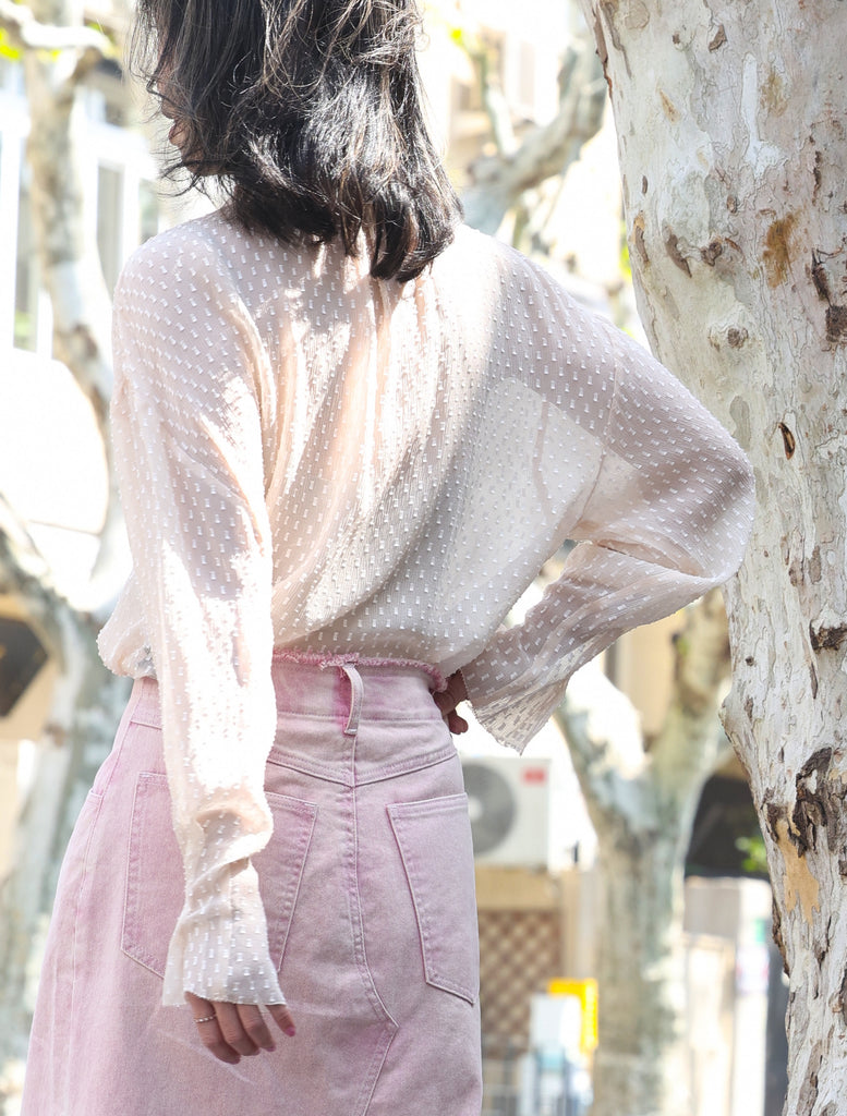 Beige Dots Pleated Collar Flared Cuff Silky Blouse