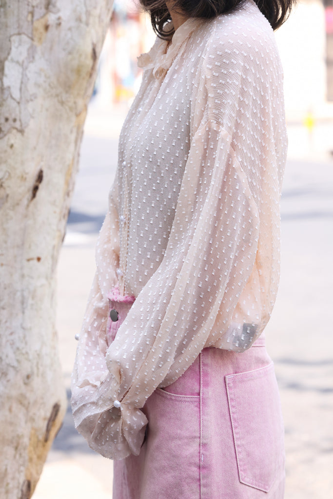 Beige Dots Pleated Collar Flared Cuff Silky Blouse