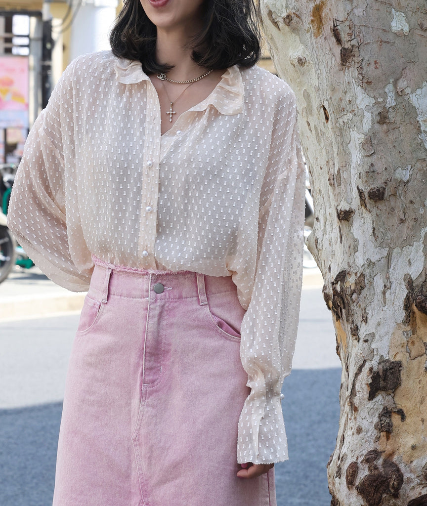 Beige Dots Pleated Collar Flared Cuff Silky Blouse