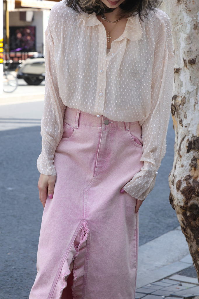 Beige Dots Pleated Collar Flared Cuff Silky Blouse
