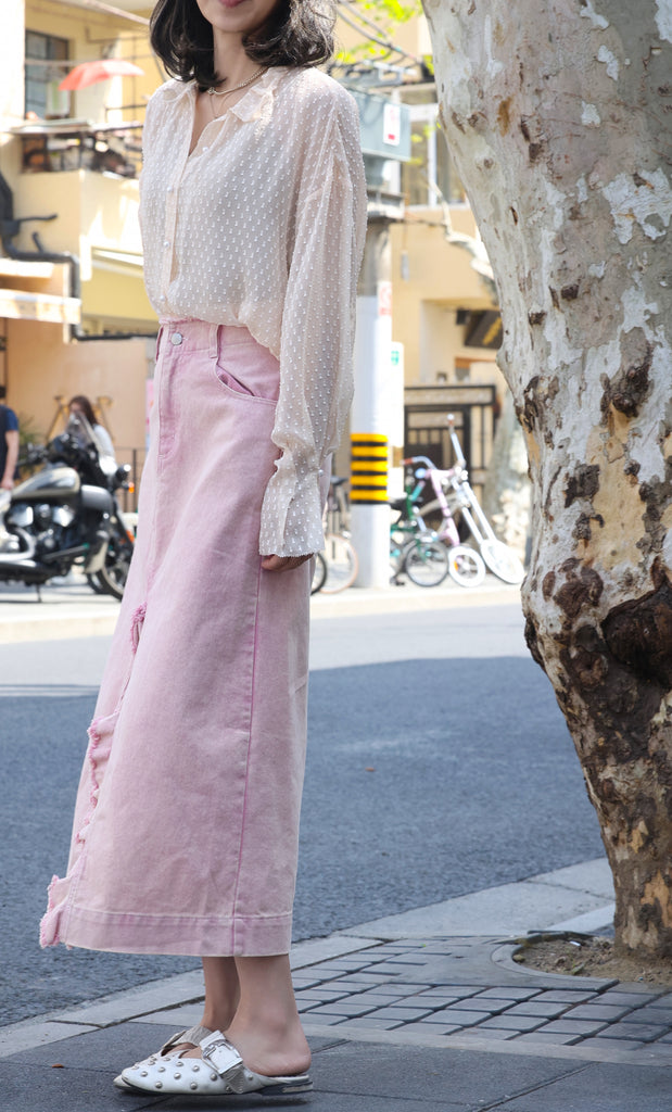 Beige Dots Pleated Collar Flared Cuff Silky Blouse