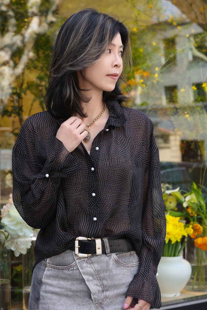 Black/Pink Dots Pleated Collar Flared Cuff Silky Blouse