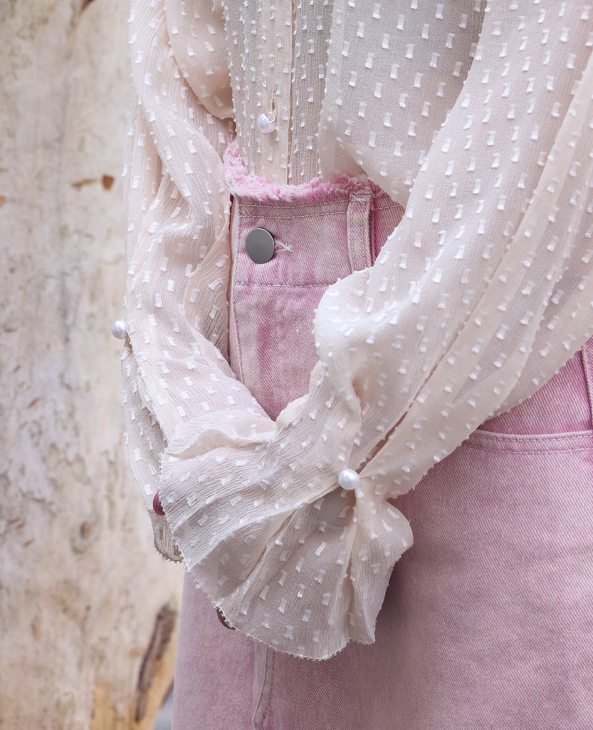 Beige Dots Pleated Collar Flared Cuff Silky Blouse