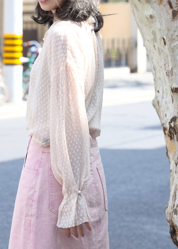 Beige Dots Pleated Collar Flared Cuff Silky Blouse