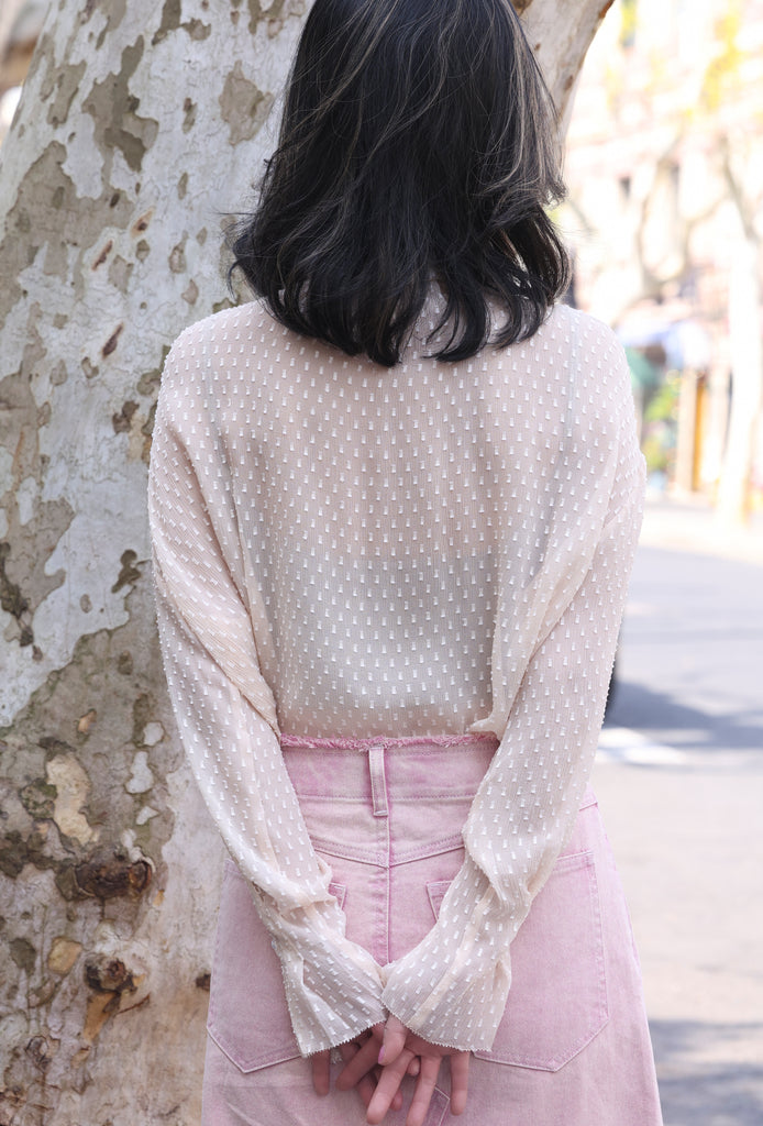 Beige Dots Pleated Collar Flared Cuff Silky Blouse