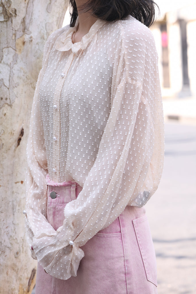 Beige Dots Pleated Collar Flared Cuff Silky Blouse