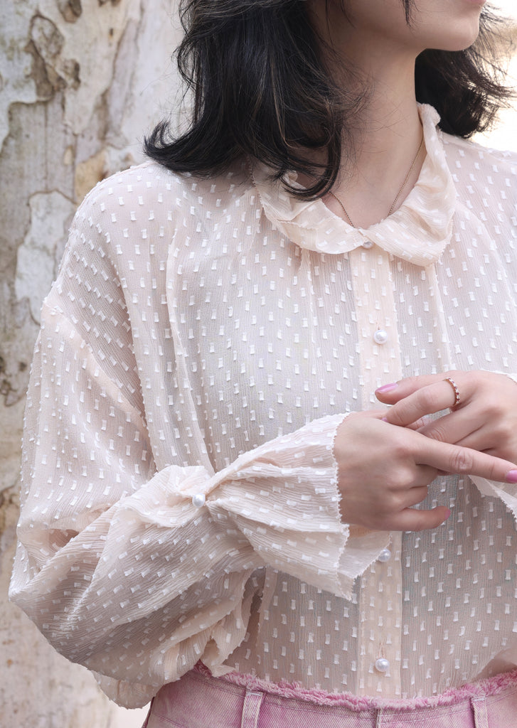 Beige Dots Pleated Collar Flared Cuff Silky Blouse