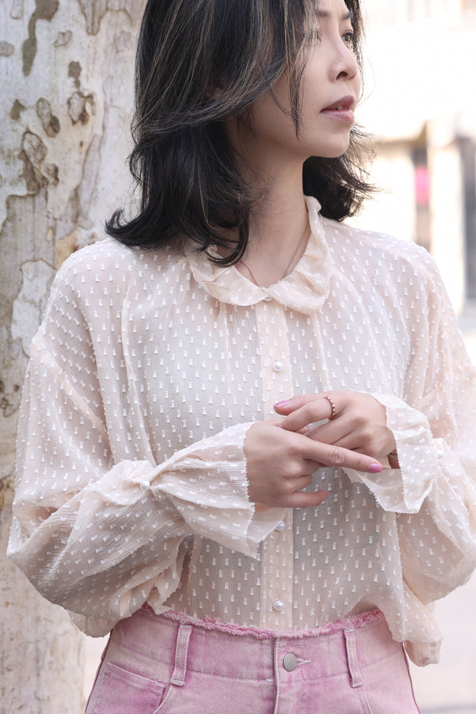 Beige Dots Pleated Collar Flared Cuff Silky Blouse