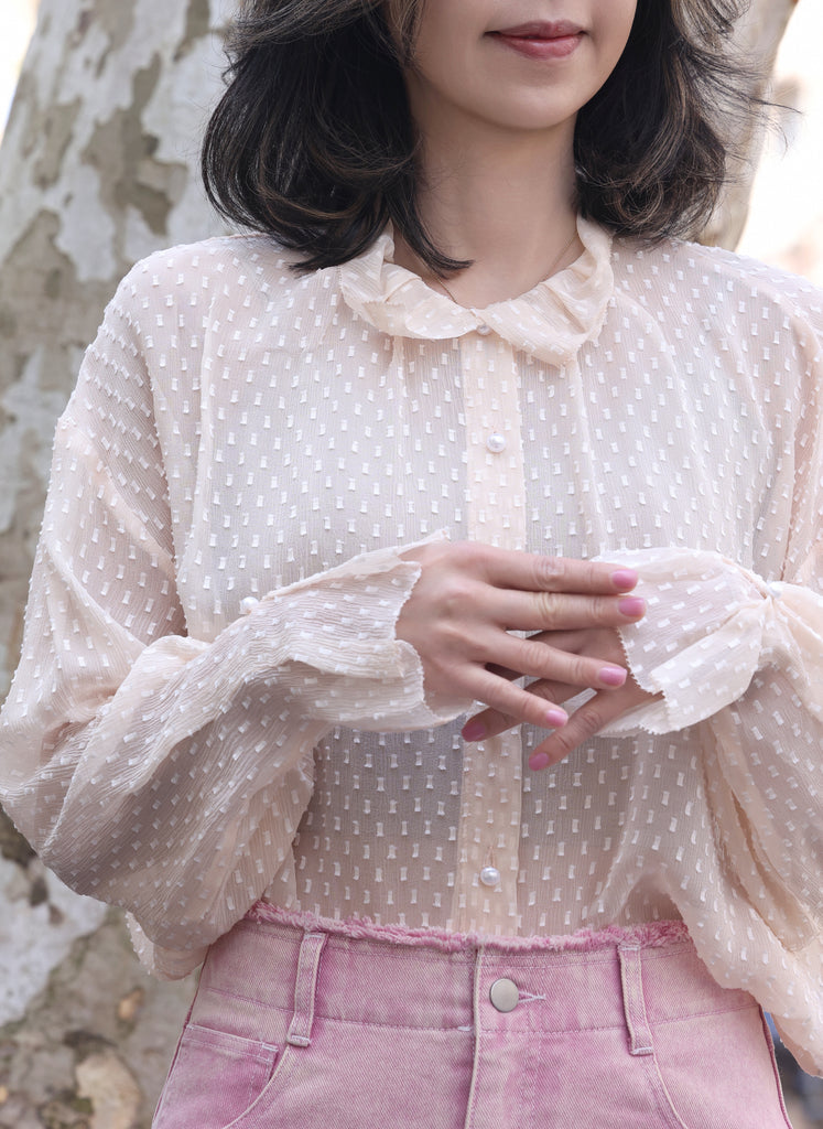Beige Dots Pleated Collar Flared Cuff Silky Blouse