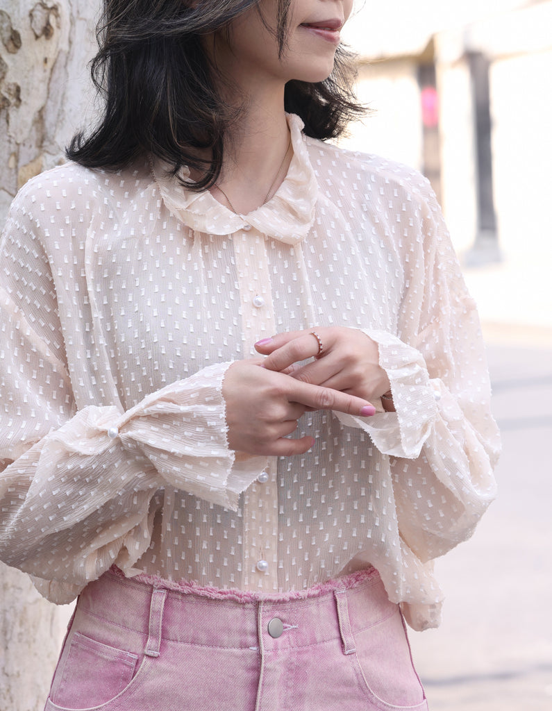 Beige Dots Pleated Collar Flared Cuff Silky Blouse