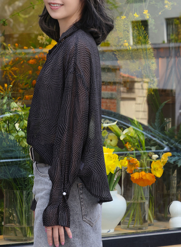 Black/Pink Dots Pleated Collar Flared Cuff Silky Blouse