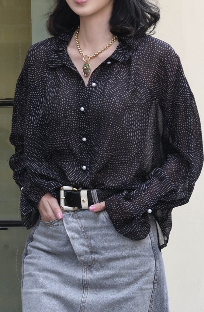 Black/Pink Dots Pleated Collar Flared Cuff Silky Blouse