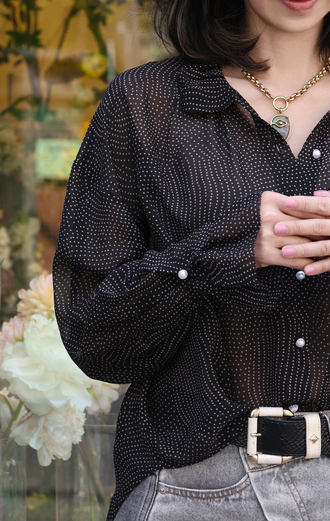 Black/Pink Dots Pleated Collar Flared Cuff Silky Blouse