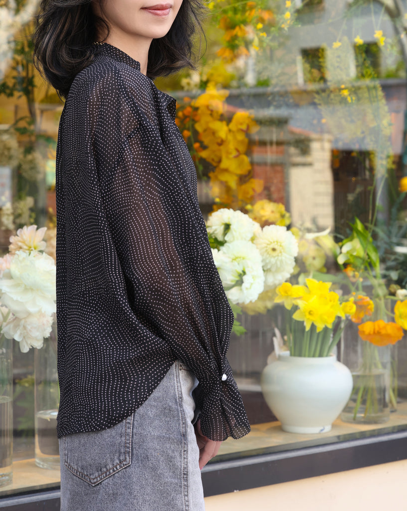 Black/Pink Dots Pleated Collar Flared Cuff Silky Blouse