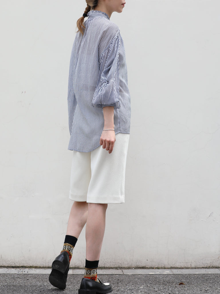 Blue White Striped Knot Balloon Sleeve Longline Blouse