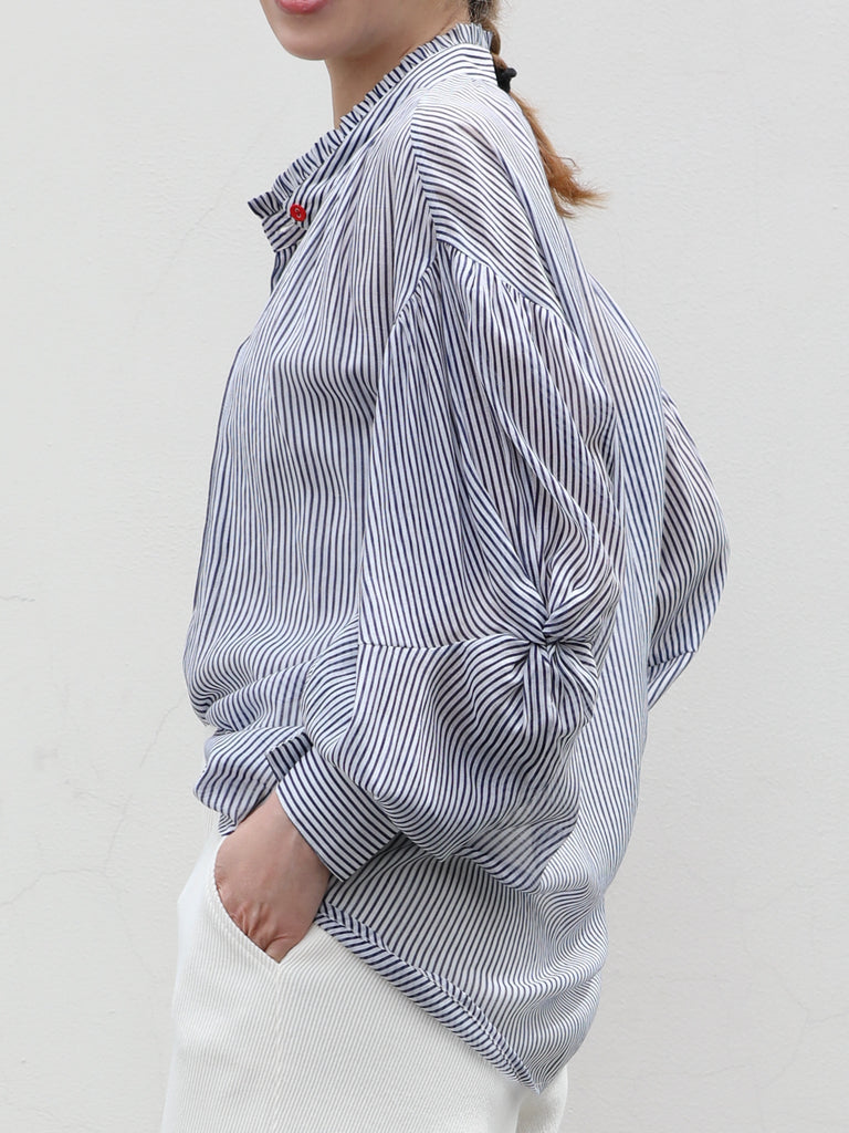 Blue White Striped Knot Balloon Sleeve Longline Blouse