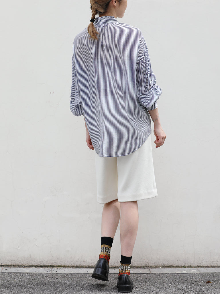 Blue White Striped Knot Balloon Sleeve Longline Blouse
