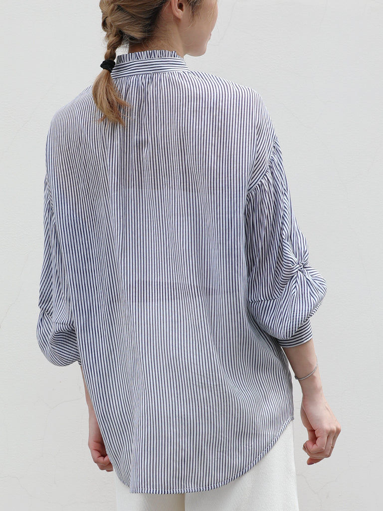 Blue White Striped Knot Balloon Sleeve Longline Blouse