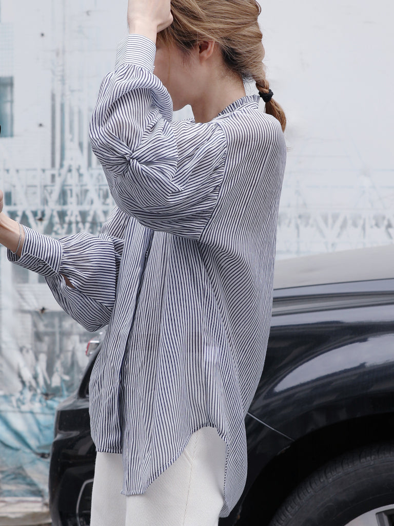 Blue White Striped Knot Balloon Sleeve Longline Blouse
