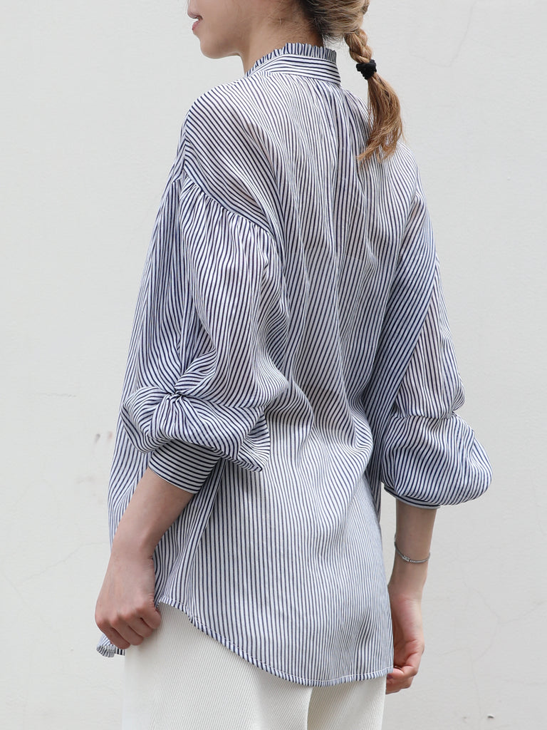 Blue White Striped Knot Balloon Sleeve Longline Blouse