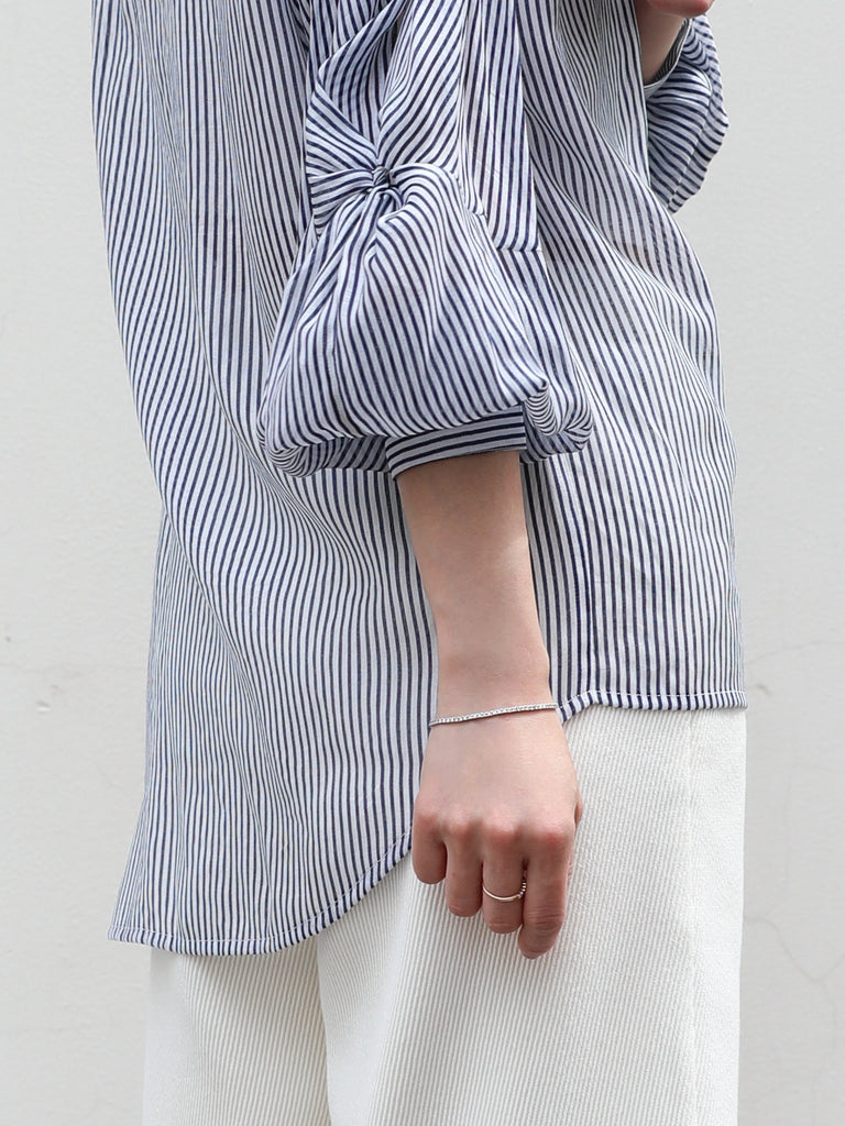 Blue White Striped Knot Balloon Sleeve Longline Blouse