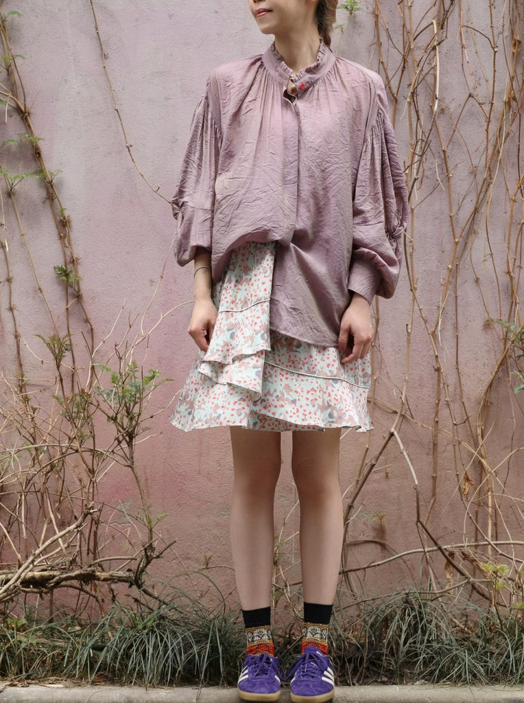 Dusty Violet Crinkled Knot Balloon Sleeve Longline Blouse