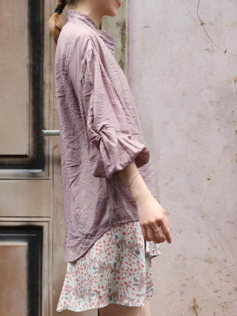 Dusty Violet Crinkled Knot Balloon Sleeve Longline Blouse