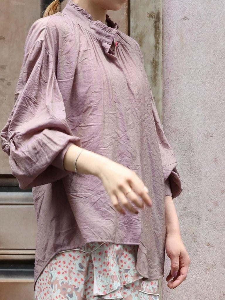 Dusty Violet Crinkled Knot Balloon Sleeve Longline Blouse