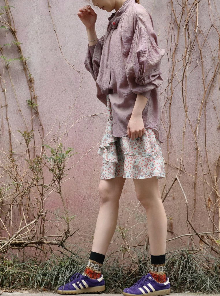 Dusty Violet Crinkled Knot Balloon Sleeve Longline Blouse