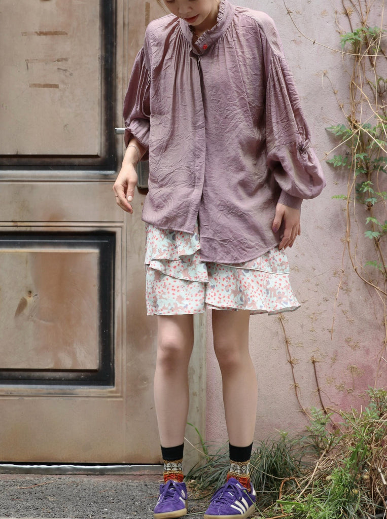 Dusty Violet Crinkled Knot Balloon Sleeve Longline Blouse