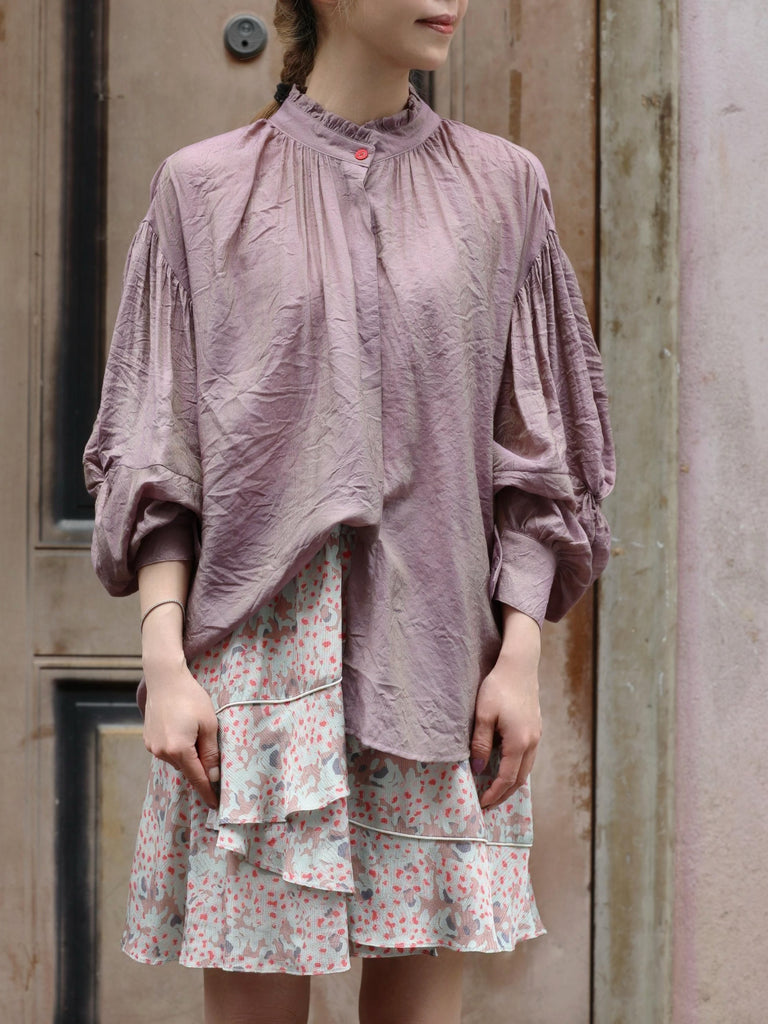Dusty Violet Crinkled Knot Balloon Sleeve Longline Blouse
