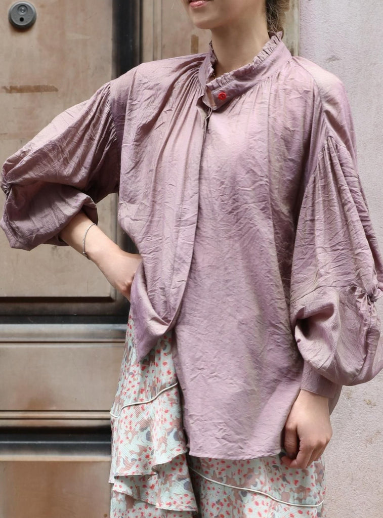 Dusty Violet Crinkled Knot Balloon Sleeve Longline Blouse