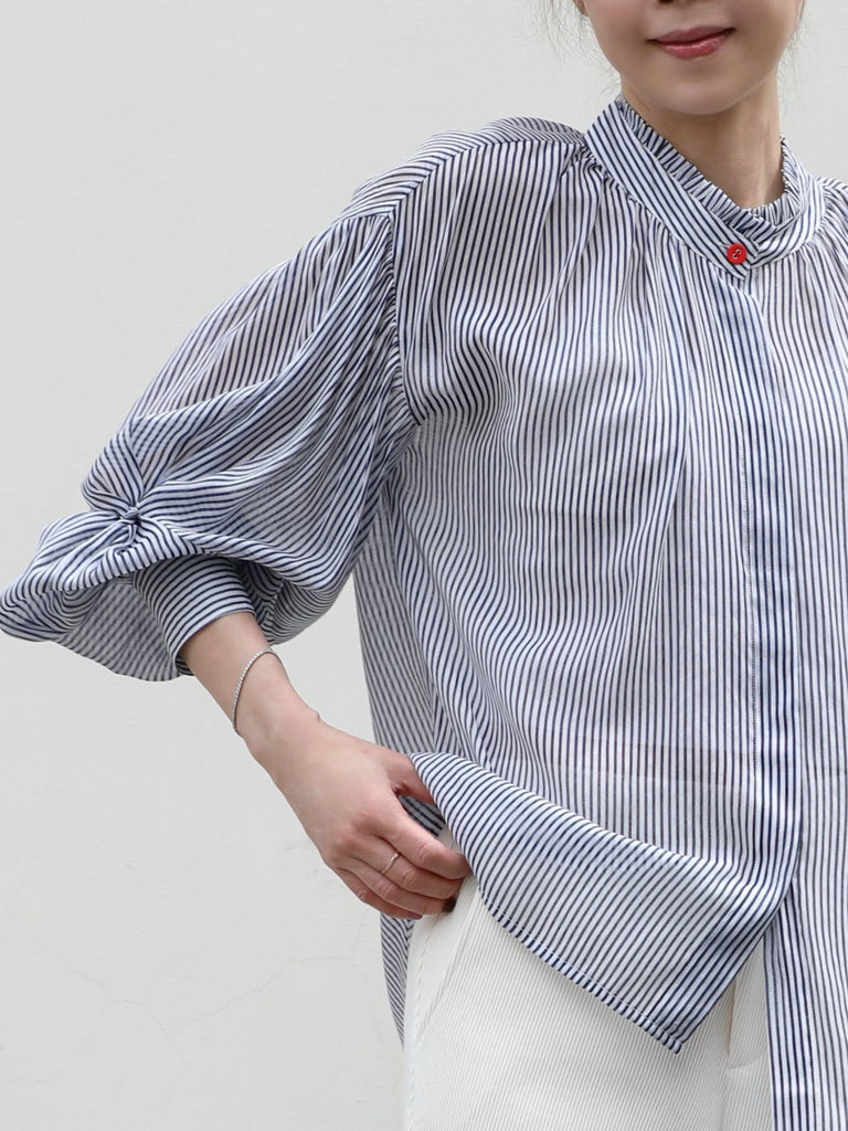 Blue White Striped Knot Balloon Sleeve Longline Blouse
